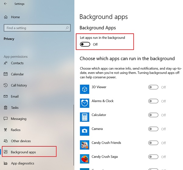 Disable Background Apps windows 10